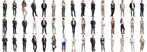 Many business people set isolated background, casual formal attire wear, full body length, networking mixed different diversed businesspeople, happy male female, successful career, crisp edges style photo