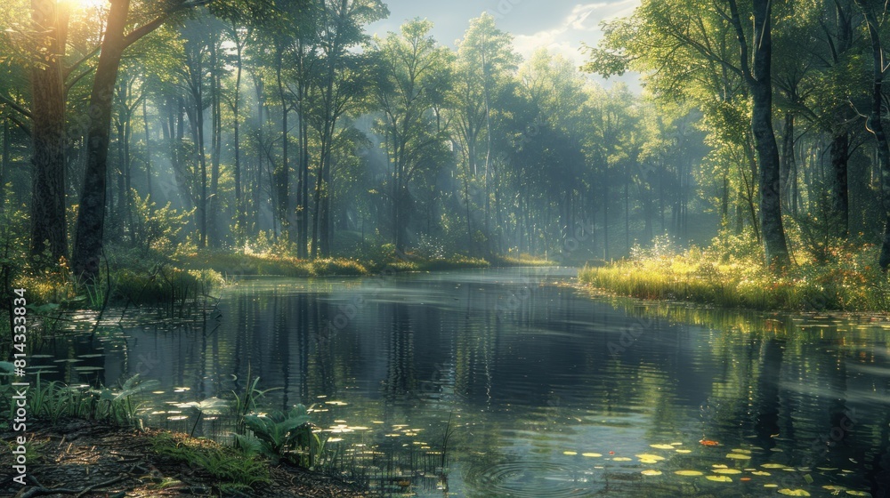 Illuminate a tranquil forest pond reflecting the surrounding trees, inviting viewers to lose themselves in the beauty of stillness. Illuminate a tranquil forest pond reflecting the surrounding trees, inviting viewers to lose themselves in the beauty of stillness.