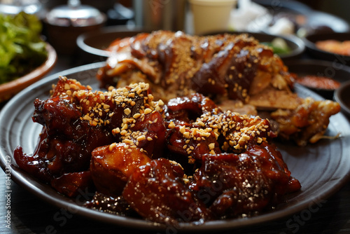 It is a traditional Korean food made by boiling pork leg in soy sauce and cutting it into easy-to-eat pieces.