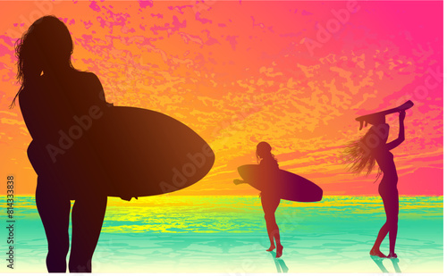 surfistas, contraluz, vector, tabla, surf, mar, atardecer, mujer surfista, silueta, tablista, ilustracion, arte surf, rosa, surfista en la playa, chica surf, mujer