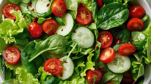 The background of a salad bowl is white and it is filled with spinach leaves  cherry tomatoes  lettuce  cucumbers  and many other vegetables