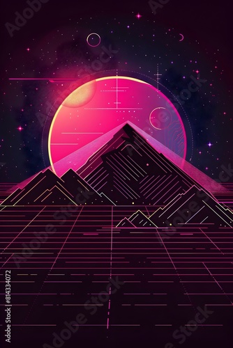 Illuminating the Night Sky with Captivating Synthwave Scenery of Distant Mountains and Celestial Wonders