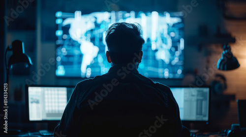 A man from behind views multiple monitors displaying dynamic data analysis in a dark, high-tech workspace.