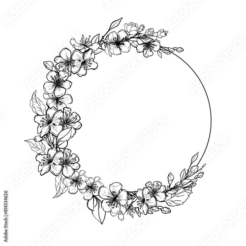 Hand drawn wreath of apple flowers. Round frame decorated with flowers and leaves, vintage engraving, vector illustration for anniversary, wedding, card. © Tanya
