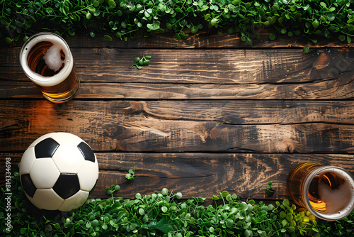 Fresh cold beer and soccer ball on dark wooden table. Watch match with friends in pub or bar. Game and drink. World championship cup. Sport and leisure. Banner with copy space. Top view, flat lay © ratatosk