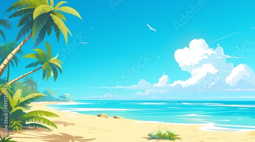 Serene morning on a tropics beach with seagulls flying