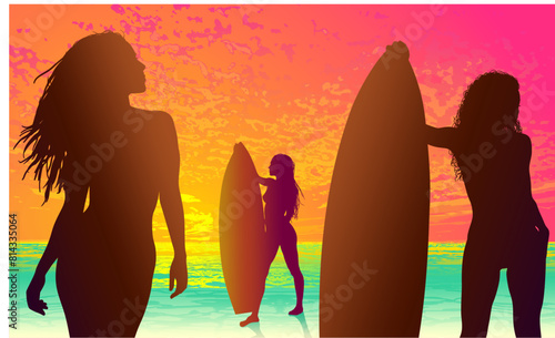 surfistas, contraluz, vector, tabla, surf, mar, atardecer, mujer surfista, silueta, tablista, ilustracion, arte surf, rosa, surfista en la playa, chica surf, mujer