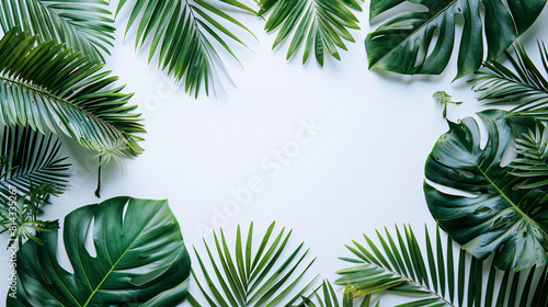 Tropical leaves on white background  top view  graphic poster PPT background