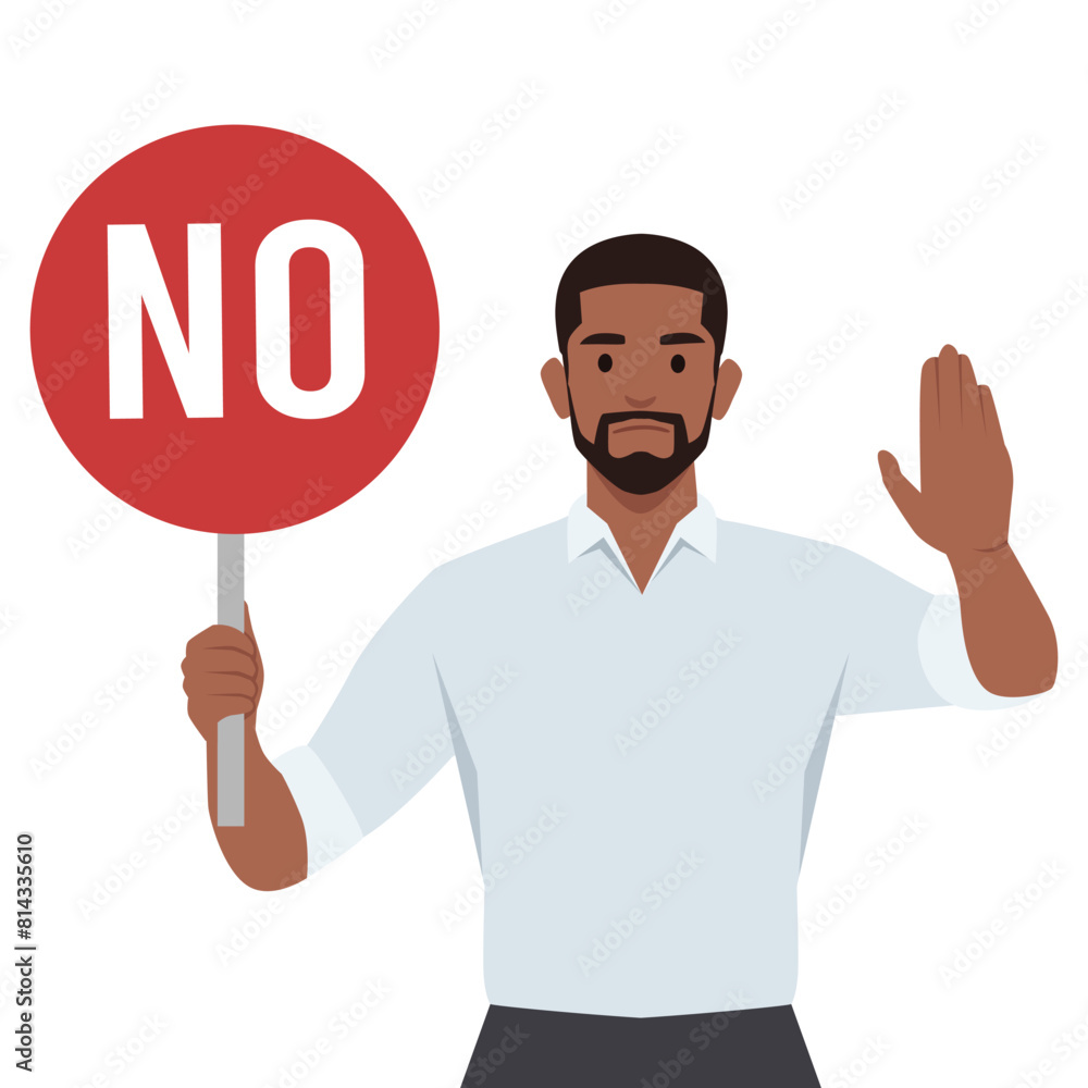 Man holding stop sign and rejection concept. Flat vector illustration isolated on white background Man holding stop sign and rejection concept. Flat vector illustration isolated on white background