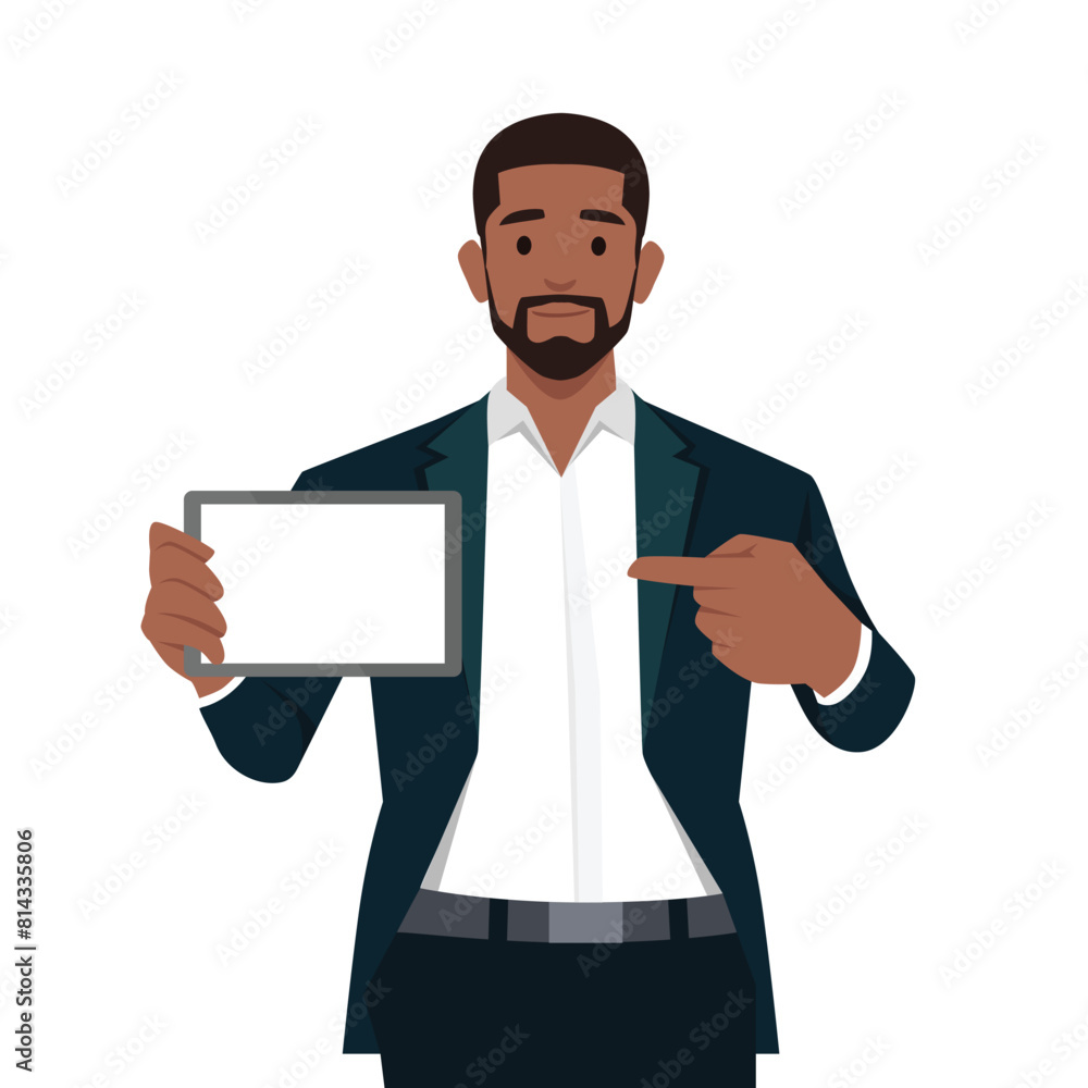 Happy confident business man showing a blank screen tablet computer and pointing. Flat vector illustration isolated on white background Happy confident business man showing a blank screen tablet computer and pointing. Flat vector illustration isolated on white background