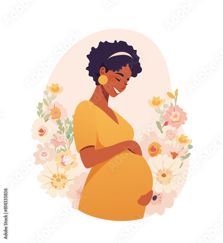 Beautiful pregnant black woman on floral background. Happy motherhood and parenthood. Modern flat vector cartoon illustration. © Tanya