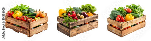 Set of wooden box with different vegetables on transparent background