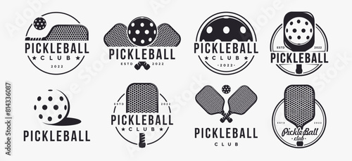 Set of Vintage Pickleball logo badge label vector, pickleball racket, ball on white background