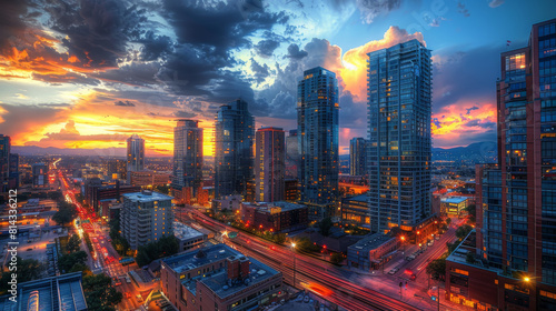 A captivating cityscape showing a sunset over a bustling urban skyline with dramatic clouds and vibrant colors.