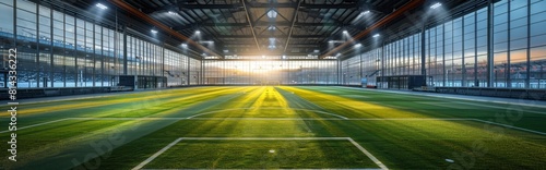 An overhead shot of the newly built indoor large-scale dynamic youthful creative football stadium.   Dynamic 4K Wallpaper of Newly Built Indoor Football Field with Vibrant Atmosphere. A Sports Arena for