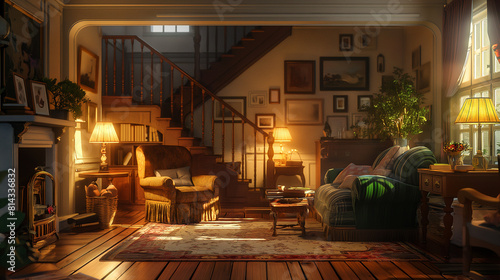 a lifelike image of a cozy interior scene, with warm lighting, comfortable furniture, and intricate decor details