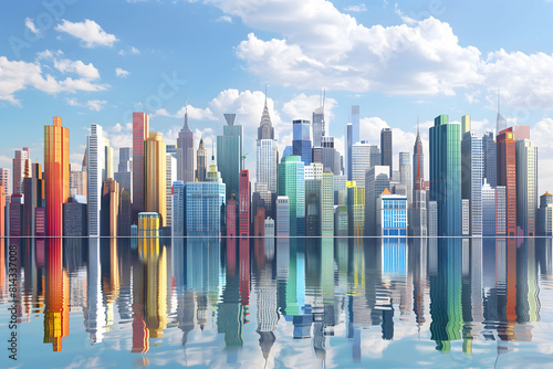 City skyline with colorful buildings and reflections