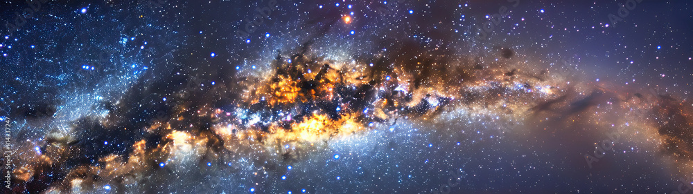 Obraz premium Panoramic image capturing the breathtaking expanse of the Milky Way galaxy, with its radiant core and dense star clusters.