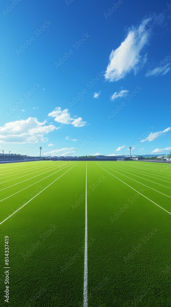 Obraz premium Close-up of artificial turf, grass track and field track on soccer field，Vibrant 4K Wallpaper of Close-Up Football Field with Artificial Turf and Green Grass Track. Dynamic Sports Arena for Soccer Ent