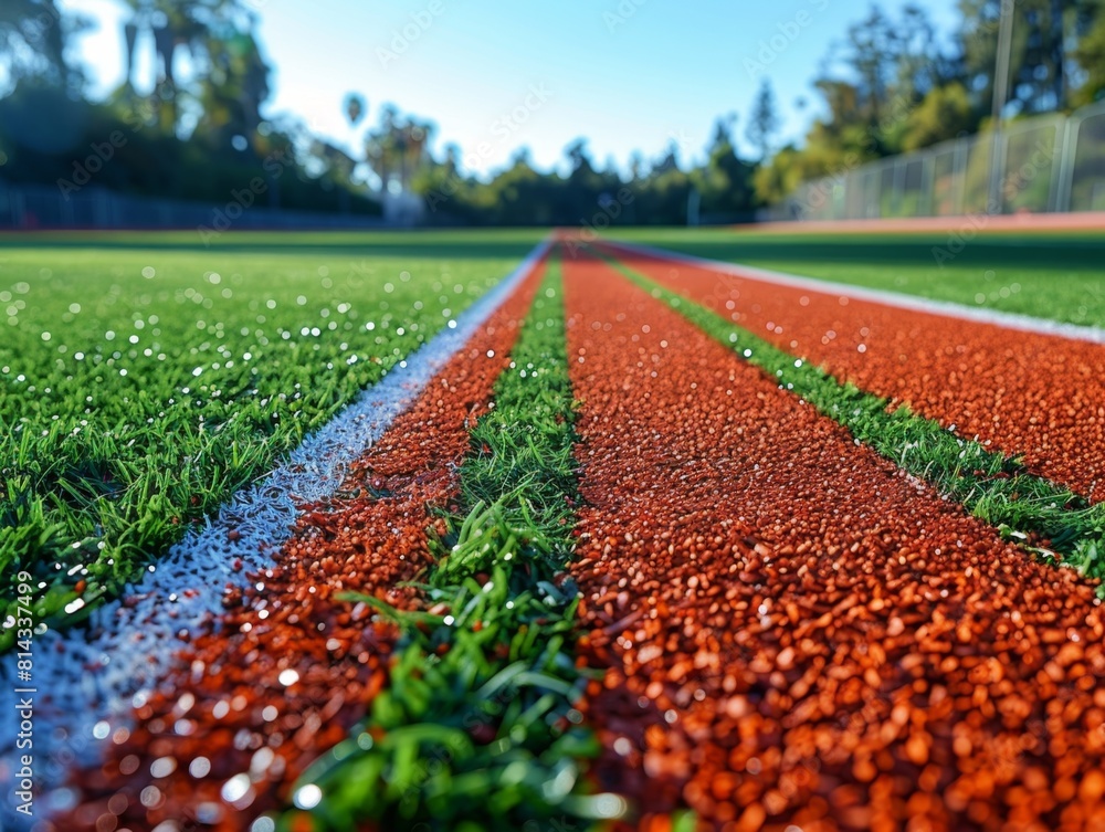 Grass Infield Track Close-up of artificial turf, grass track and field track on soccer ...