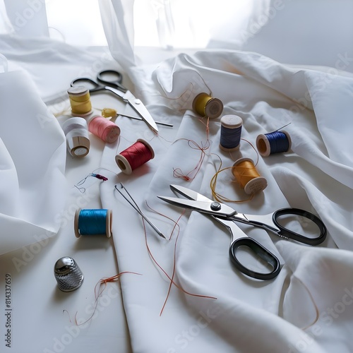 Sewing accessories and fabric on a white background. Sewing threads, needles, pins, fabric, buttons and a sewing centimeter. top view, flatlay photo