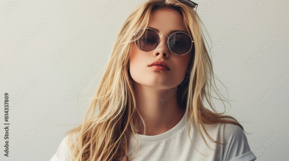 Fototapeta premium Attractive young blonde woman shows confidence in a blank t-shirt and stylish sunglasses on a pristine white background.
