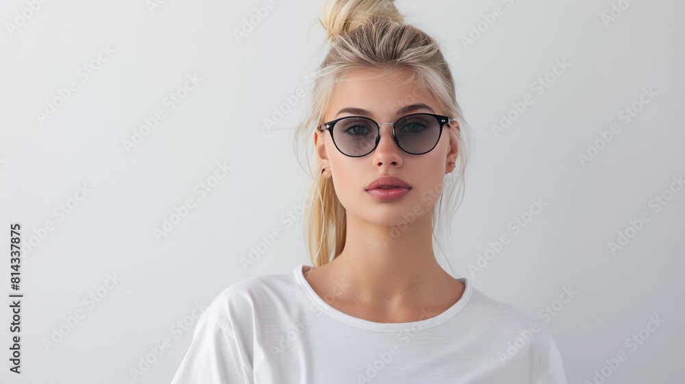 Attractive young blonde woman shows confidence in a blank t-shirt and stylish sunglasses on a pristine white background. Attractive young blonde woman shows confidence in a blank t-shirt and stylish sunglasses on a pristine white background.