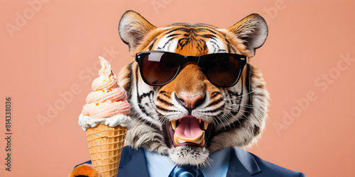 Funny animal pet summer holiday vacation photography banner - Closeup of businessman tiger with sunglasses, eating ice cream in cone, isolated on apricote background photo