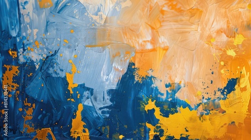 This is an abstract oil painting, a mural, modern artwork, painted spots, paint strokes, and golden elements. This painting contains orange, gold, blue, and large strokes photo