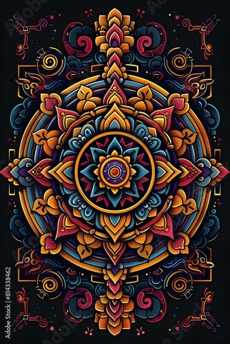 Intricate Tibetan Inspired Tattoo Design with Mandala Patterns and Sacred Symbols Symbolizing Spiritual Enlightenment on Vibrant Synthwave Background