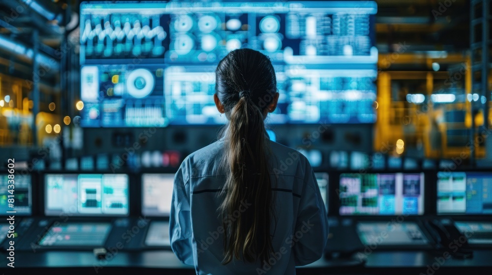 AI-powered industrial automation system. Female engineer inspects smart factory system in control room. Woman in STEM. AI-powered industrial automation system. Female engineer inspects smart factory system in control room. Woman in STEM.