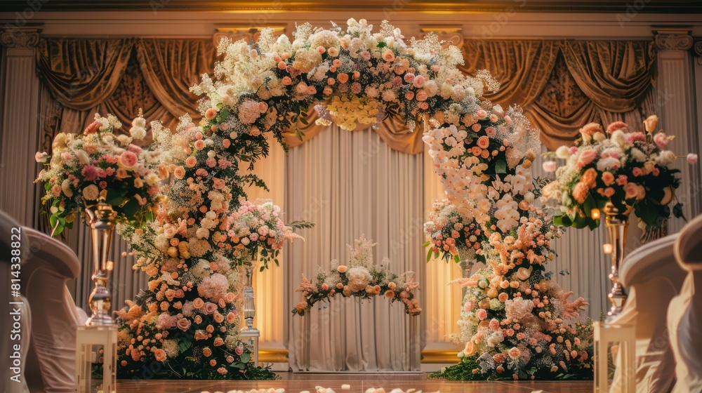 Romance and elegance with a stunning floral arch placed in front of the backdrop and dining table. To create a focal point for celebrating love. Romance and elegance with a stunning floral arch placed in front of the backdrop and dining table. To create a focal point for celebrating love.