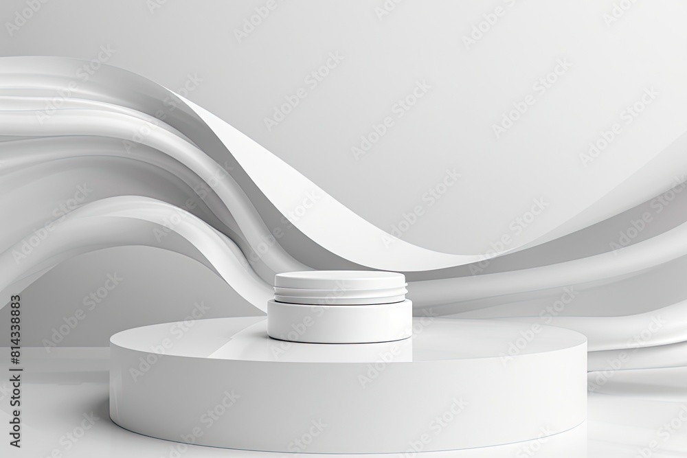 Cosmetic product on 3D pedestal podium with white paper swirl flow on white studio background Cosmetic product on 3D pedestal podium with white paper swirl flow on white studio background