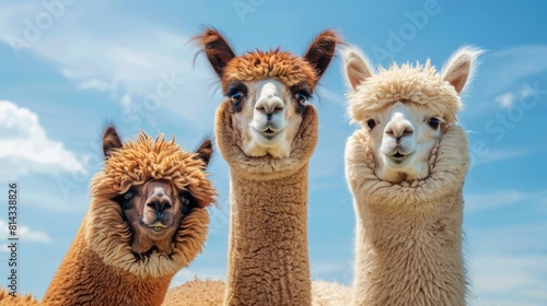 Three funny alpacas together on the background of blue sky. South American camelid photo