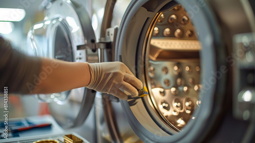 A laboratory technician adjusts settings on a sterilization autoclave machine, ensuring proper operation. photo