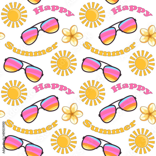 Happy summer seamless vector pattern with sunglasses, sun and flowers, design for decorative wallpaper, textile print, packaging.