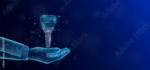 Dental implant floats in the nurse doctor hand. Human organ low poly polygon style. On dark blue background with empty copy space for text. Medical health care concept. Vector illustration.