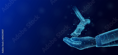 Ankle joint bone floats in the nurse doctor hand. Human organ low poly polygon style. On dark blue background with empty copy space for text. Medical health care concept. Vector illustration.
