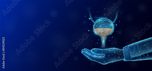 Bladder floats in the nurse doctor hand. Human organ low poly polygon style. On dark blue background with empty copy space for text. Medical health care concept. Vector illustration.