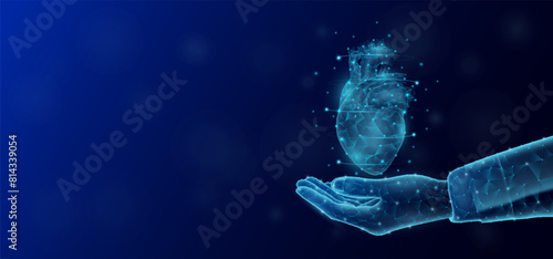 Heart floats in the nurse doctor hand. Human organ low poly polygon style. On dark blue background with empty copy space for text. Medical health care concept. Vector illustration.