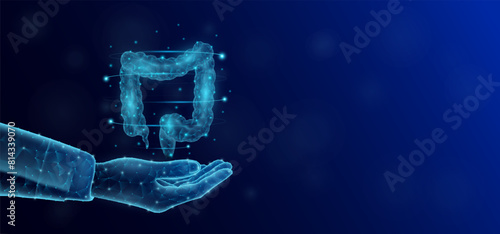 Intestine floats in the nurse doctor hand. Human organ low poly polygon style. On dark blue background with empty copy space for text. Medical health care concept. Vector illustration.