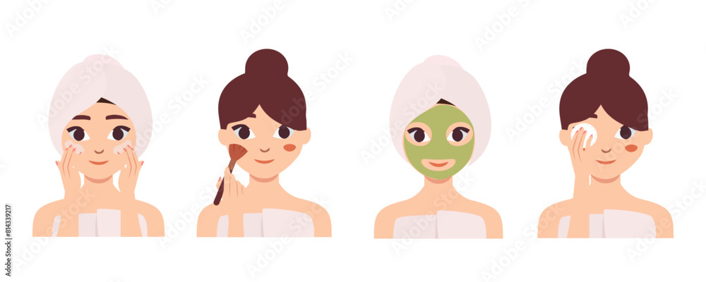 Women's skin care rules. Facial cleansing, mask, application of cream and makeup. Vector flat illustration. Women's skin care rules. Facial cleansing, mask, application of cream and makeup. Vector flat illustration.