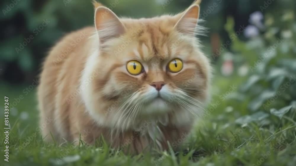 Red Tabby Furry Fluffy Flat Nose Long Hair Persian Cat Sitting on the Garden Shocked Looking at Camera. Red Tabby Furry Fluffy Flat Nose Long Hair Persian Cat Sitting on the Garden Shocked Looking at Camera.