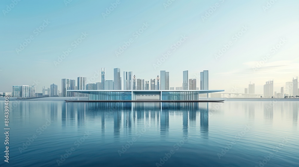 Fototapeta premium Simple white architecture in a bustling city with clear skies. Architectural scenes reminiscent of architectural concept art It features intricate details and perspective.