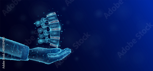 Spine joint bone floats in the nurse doctor hand. Human organ low poly polygon style. On dark blue background with empty copy space for text. Medical health care concept. Vector illustration.