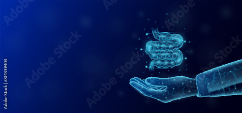 Small intestine floats in the nurse doctor hand. Human organ low poly polygon style. On dark blue background with empty copy space for text. Medical health care concept. Vector illustration.