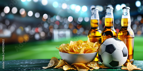Fresh cold beer, bowl of chips snack and soccer ball on football field. Watch match with friends on weekend. Game and drink. Sport and leisure concept. Banner with copy space