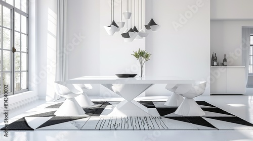 Ultramodern dining setting in a minimalist white room with highgloss finishes and a geometric white table Accents include a striking black and white rug under the table Composed us photo