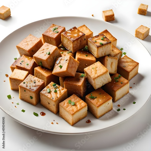 plate Fried tofu with white sesame and teriyaki sauce - vegan and vegetarian food style
with cheese and crackers photo