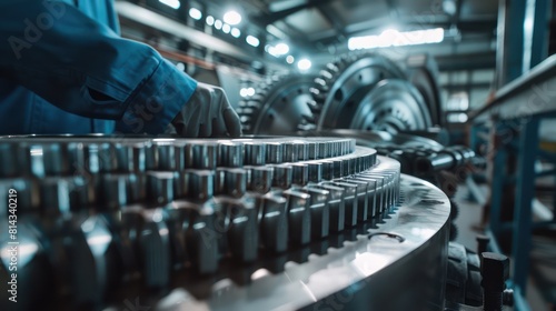 A Portrait of Engineer inspects engine gear wheel, industrial background.